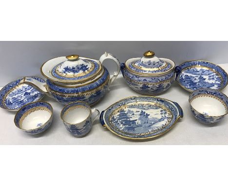 A Miles Mason porcelain part tea service, pattern 241 with pseudo seal mark, teapot a/f, sucrier top a/f, 1 saucer a/f.