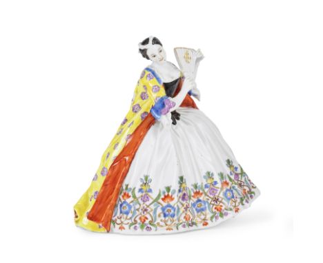 Très rare statuette en porcelaine de Meissen représentant une dame à crinoline, circa 1737A very rare Meissen crinoline figur