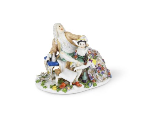 Rare groupe en porcelaine de Meissen représentant un homme souffrant de la goutte, porcelaine circa 1745, décor postérieurA r