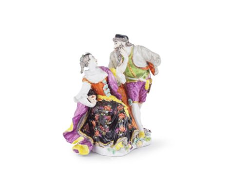 Rare groupe en porcelaine de Meissen répresentant Pantalon et Colombine, circa 1738A rare Meissen group of Pantalone and Colu