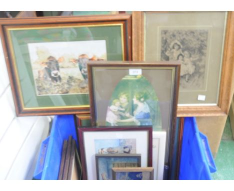 A pair of portrait miniatures; a Pear's advertising wall mirror, framed; two prints by Cath Sow; a print after J Wanklyn, cal