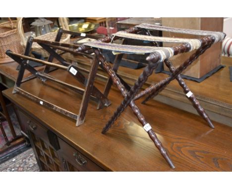 A bobbin turned mahogany suitcase stand; two other folding stands (3)