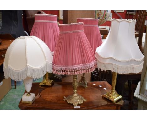 Lighting - a pair of brass columnar table lamps; others, neo Baroque, etc (5)