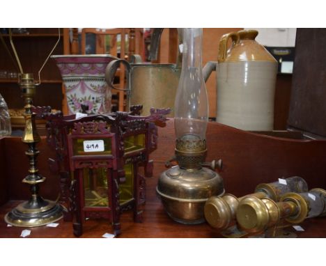 Lighting - a pair of Great Western Railway carriage lamps; a Chinese style wooden ceiling light with glass panels; brass tabl