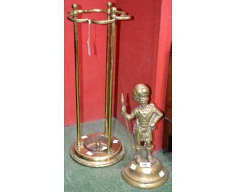 Late Victorian brass stick stand, William Tonks; a brass door stop modelled as a highlander (2)