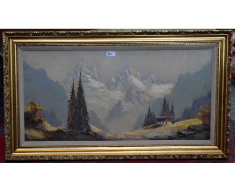 Pictures and Prints - Continental School, Alpine Scene, indistinctly signed, oil on canvas, 39cm x 80cm, framed; H. J. Squire