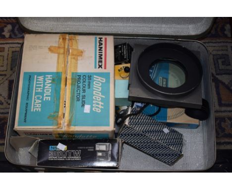 Photographic Equipment - a Hanimex slide projector; a Nissin flash unit; a camera tripod; a Gnome slide magazine; lenses; etc