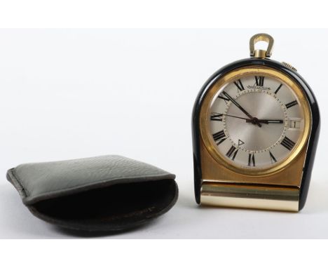 Jaeger LeCoultre travelling clock, date aperture, Roman numerals, stands 5cmH, in leather slip