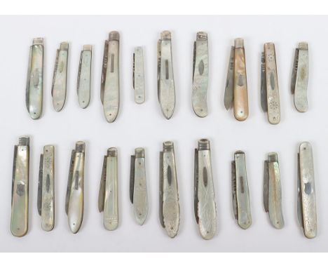 Twenty Victorian silver and mother of pearl folding fruit knives, blades hallmarked, including William Nedham, Sheffield 1899