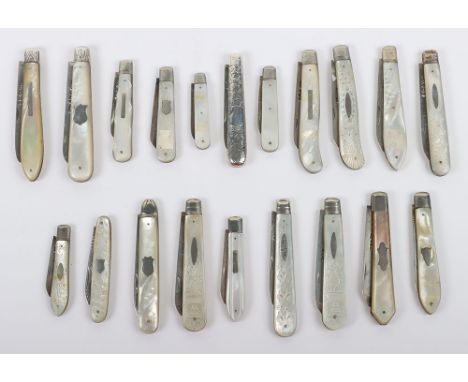 Twenty early 20th century silver and mother of pearl folding fruit knives, one with silver handle, blades hallmarked, includi