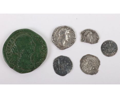 Antoninus Pius denarius, with a Faustina Junior Sestertius and a Siliqua fragment, and three Venetian Soldino (6)