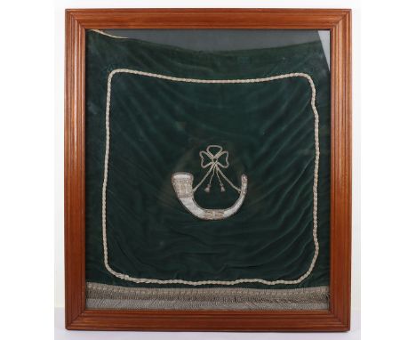 A Light Infantry framed banner, cloth and embroidered thread, 56cmWx63cmH Note: No in house shipping available for this lot