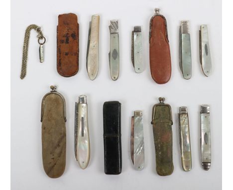 Two folding Georgian mother of pearl silver forks and five folding knives with covers, including Joseph Willmore, Birmingham 