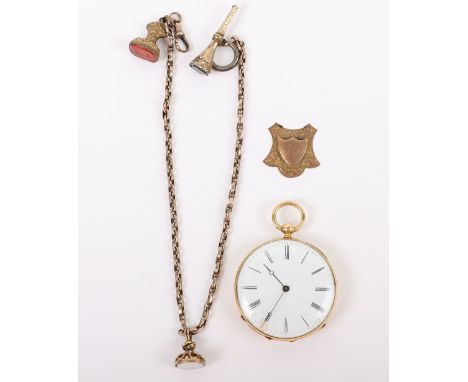 A French 18ct gold open face pocket watch, enamel dial (repaired) Roman numerals, inner dust cover metal, 43mm , no. 17690, t