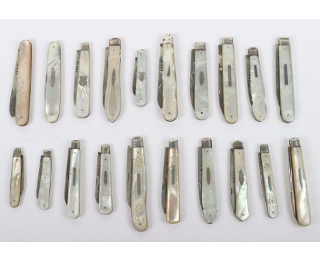 Twenty Victorian silver and mother of pearl folding fruit knives, one with engraved escuteon on handle “Capt Cox” Thomas Marp