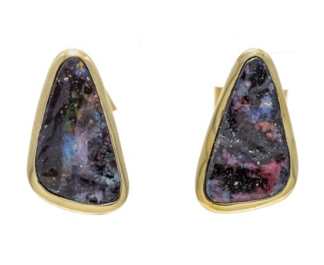 Boulder-Opal-Ohrstecker GG 750/000 mit 2 Boulderopalen 14 x 8 mm in einem lebhaften Rot-Orange-Blauen Farbenspiel, L. 15,5 mm