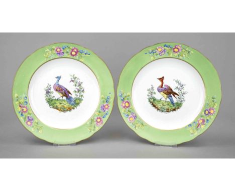 Zwei Teller, Spode, Stoke-on-Trent, England, 20. Jh., polychromer Dekor mit Pfauen, in der Fahne Blumenreliefs auf apfelgrüne