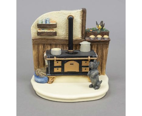 Goebel Scene, Kozy Kitchen, 1999, polychrom bemalt, Mark 009-D, Küchenszene mit altmodischem Herd, Hund und Vogel, H. 13 cm, 