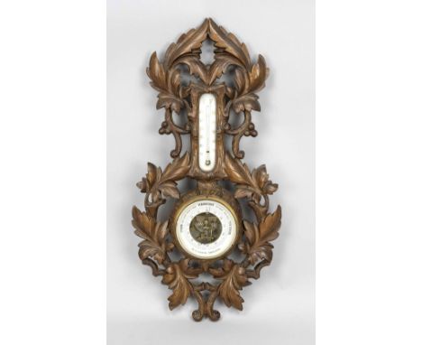 Barometer mit Termometer, Holland 19./20. Jh., durchbrochen gearbeitetes Wandteil als Blattranke, Thermometer mit Quecksilber