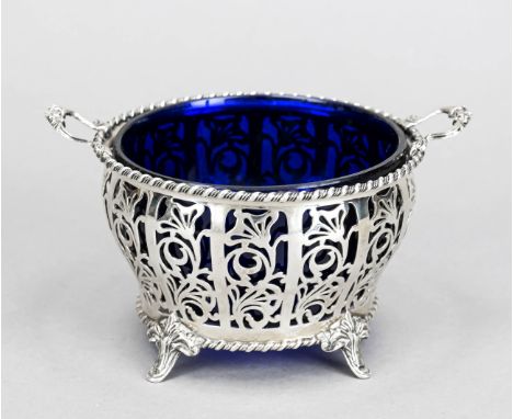 Runde Durchbruchschale, England, 1937, MZ: R &amp; Co. wohl für Rattray &amp; Co., Birmingham, Sterlingsilber 925/000, auf 4 