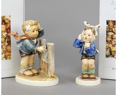 Konvolut aus 2 Hummelfiguren, Goebel, darunter: ''Schmerz lass nach'', 1951, sign., polychrom bemalt, Modellnr. 217, H. 14,5 