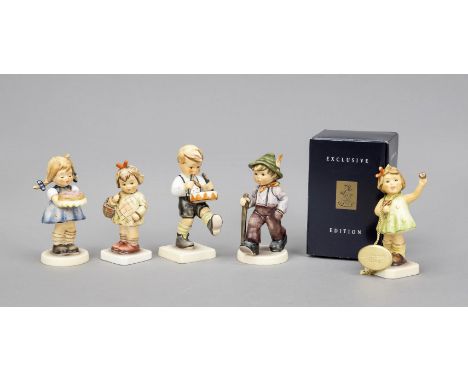 Konvolut aus 5 Hummelfiguren, Goebel, darunter: ''Herzlich Willkommen'' M.I. Hummel Club, 1994, sign., polychrom bemalt, Mode