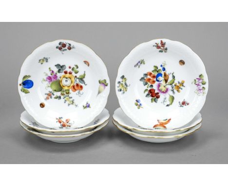 Sechs runde Salatschüsselchen, Herend, Marke nach 1967, Form Ozier, mit polychromer Bemalung, Früchte, Pilze und Blumen, Gold
