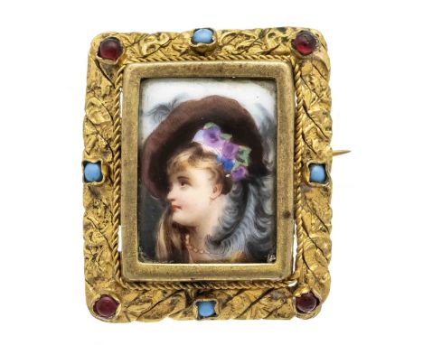 Miniatur-Brosche Metall vergoldet, mit einem Miniatur-Portrait einer edlen Dame, mit 4 runden Türkis- und 4 roten Edelstein-C