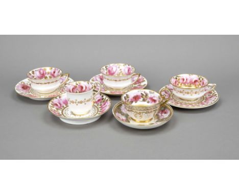 Fünf Tassen mit UT, England, 19. Jh., umlaufende Dekore mit Rosen,  2 Teetassen mit UT, Davenport, Marken 1850-1870, Billings