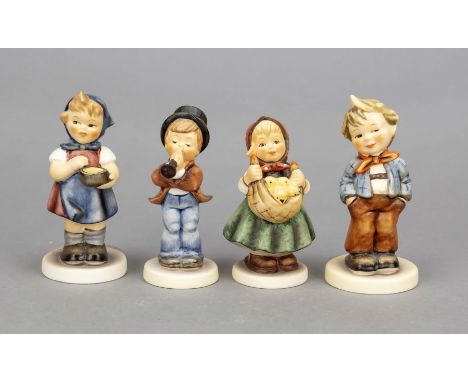 Konvolut aus 4 Hummelfiguren, Goebel, darunter: Ständchen, 1984, sign., polychrom bemalt, Modellnr. 85 4/0, H. 8 cm; Kükenlie