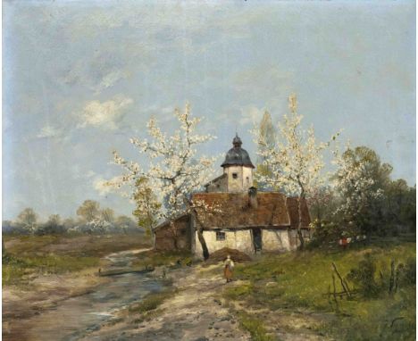 Johann Jungblut (1860-1912), deutscher Landschaftsmaler der Düsseldorfer Schule, Landschaft mit blühenden Obstbäumen und klei