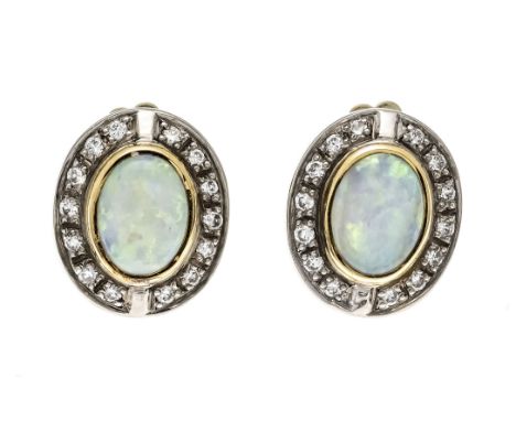 Opal-Brillant-Ohrstecker GG 585/000 mit 2 ovalen Opal-Cabochons 7,5 x 5,5 mm mit gutem blaugrünem Farbenspiel  , rissig, und 