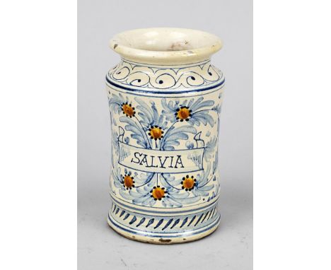 Apothekengefäß Albarello, 18. Jh., Fayence mit blau-gelber Bemalung. Mittig in Kartusche ''SALVIA''. Glasur minim. best., H. 