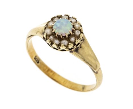 Opal-Flussperlen-Ring GG 585/000 mit einem runden Opal-Cabochon 4 mm und cremefarbenen Flussperlen 1,6 mm, berieben, RG 53, 2