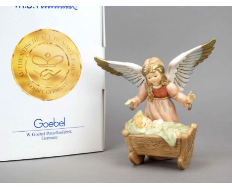 Große Hummelfigur, Goebel, Schutzengel mit Wiege, sign., Engel über Wiege mit schlafendem Kind gebeugt, polychrom bemalt, Mod