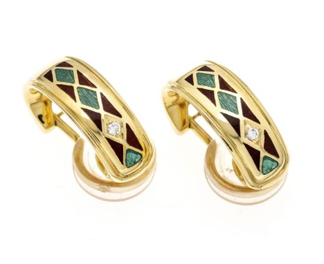 Fabergé Emaille-Ohrclips GG 750/000 mit grüner und brauner Emaille sowie mit 2 Brillanten, zus. 0,03 ct TW-W/VVS-VS, B. 7 mm,
