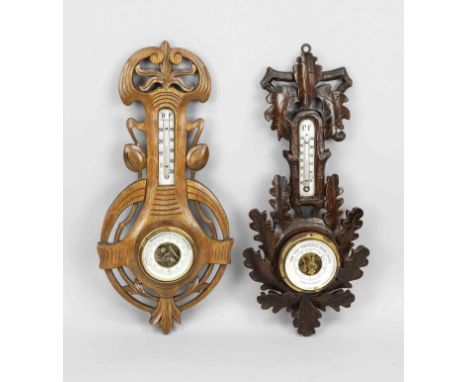 2 Barometer mit Thermometer, Holland/Belgien um 1900. Beide aus Holz, 1 x mit Eichenlaub, 1 x mit Jugendstil-Ornamenten, Ther