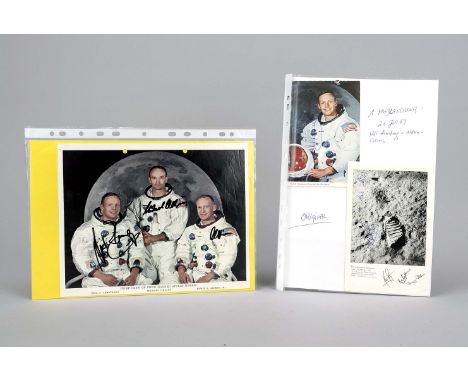 3 Autographen von Neil Armstrong und weiteren Astronauten der ersten Mondlandung. 2. H. 20. Jh. Eine Karte mit Portrait von N