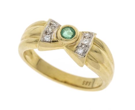 Smaragd-Diamant-Ring GG/WG 585/000 mit einem rund fac. Smaragd 3,0 mm Grün, transparent - transluzent und 6 Brillanten, zus. 