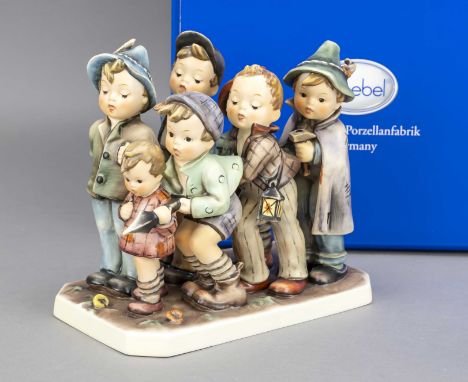 Große Hummelfigur, Goebel, Die sieben Schwaben, 1957, sign., sieben Rödentaler Schwaben einen Sper haltend, polychrom bemalt,