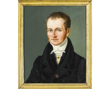Anonymer Bildnismaler des Biedermeier um 1820, Portrait eines jungen Mannes mit Backenbart, Öl auf Lwd., unsign., rest. u. re