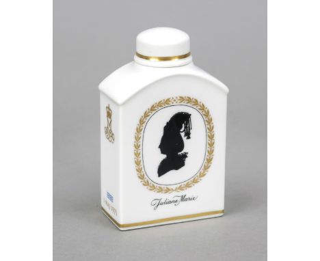 Teedose, Royal Copenhagen,  Ende 20. Jh., Schau- und rückseitig im Schattenriss Portraits ''Margarethe II'' und ''Juliane Mar