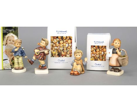 Konvolut aus 4 Hummelfiguren, Goebel, darunter: ''Hallo'', 1987, sign., polychrom bemalt, Modellnr. 478, H. 8 cm; ''Wer bist 