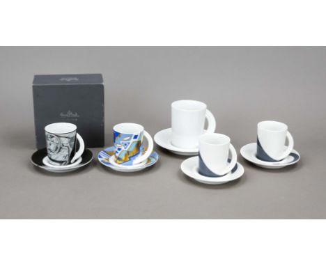 Fünf Sammeltassen mit Untertassen, Rosenthal, Ende 20. Jh., unterschiedliche Formen und Dekore, H. bis 8 cm, 1x im Ok, 12,5 x
