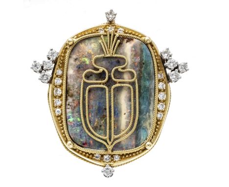 Außergewöhnliche Opal-Brosche GG/WG 750/000 mit einem exzellenten Boulder-Opal 26 x 20 mm mit sehr lebhaftem rot-blau-grünem 