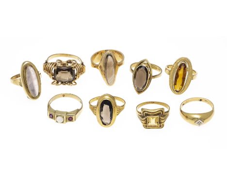 9-teiliges Ringe-Konvolut GG 585/000 darunter Rauchquarz, Opal und Citrin, RG 53 - 61, 39,9 g