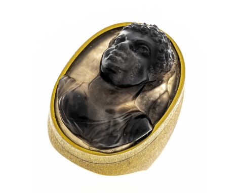 Hochrelief Gemmen-Ring GG 585/000 mattiert, mit einem ovalen, fein mit einem antiken Herren-Portrait im Hochrelief geschnitte