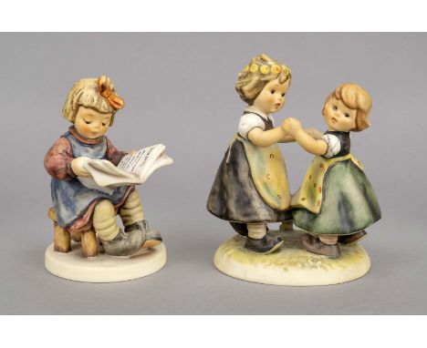 Zwei Hummel Figuren, Goebel, Oeslau, ''Sommertanz'', 1963, Modellnr. 353/0, H. 14 cm, ''Was gibt's Neues?'', Entwurf Gerhard 