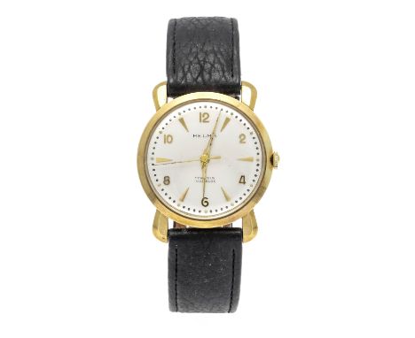Helma Herrenuhr, 585/000GG, um 1950, silberf. Zifferblatt mit aufgesetzten vergoldeten Keil- und arab. Ziffernindizies, vergo