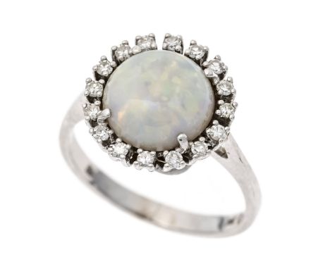 Opal-Diamant-Ring WG 585/000 mit einem runden Opal-Cabochon 9,7 mm mit gutem Farbenspiel und 16 Achtkant-Diamanten, zus. 0,16